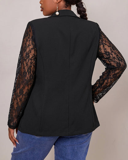 Women's Lace Patchwork Blazer Elegant Sheer Sleeve Single Breasted Coat