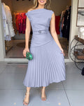 Women's Elegant 2 Piece Outfits Skew Neck Twist Top and Pleated Midi Skirt Set with Belt Evening Party Suit