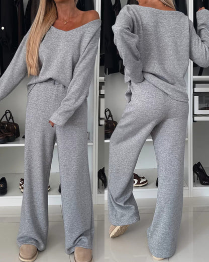 Women's Two-piece Set V Neck Drop Shoulder Long Sleeve Top and High Waist Wide Leg Pants