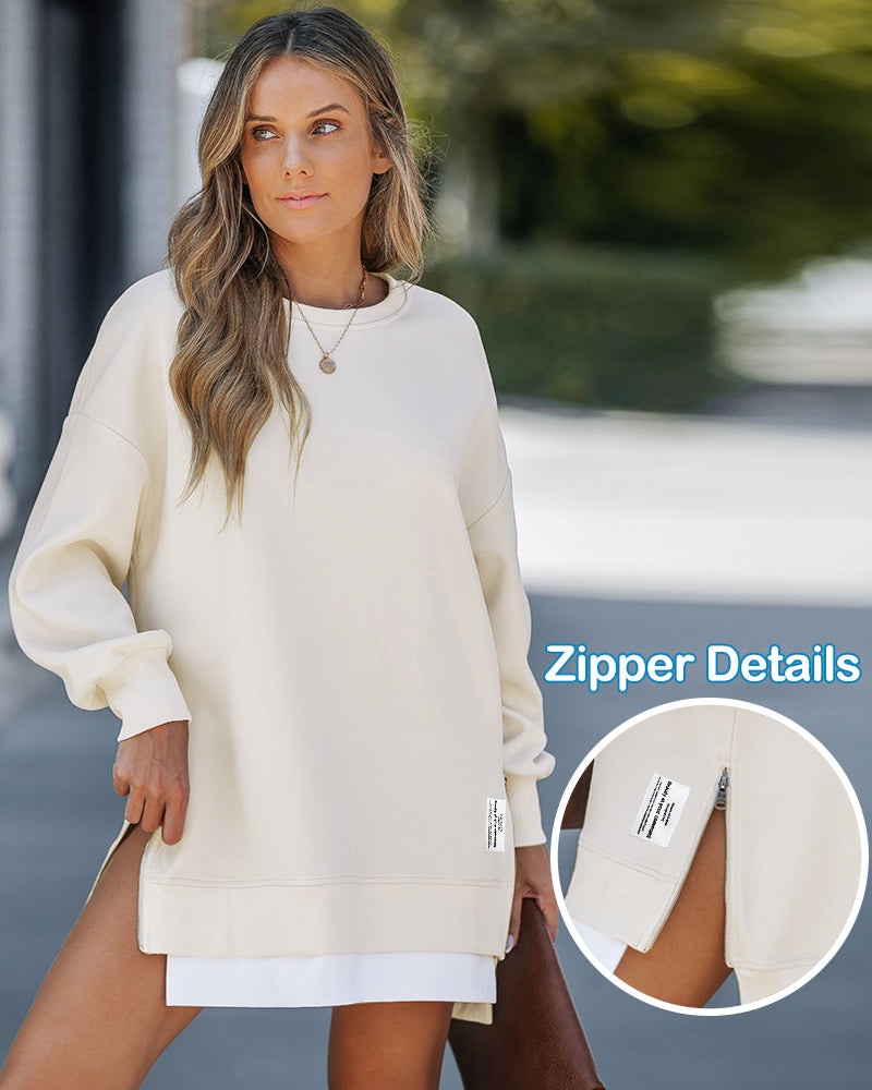 Letter Patch Detail Long Sleeve Drop Shoulder Pullover Sweatshirt Casual Zipper Side Slit Top