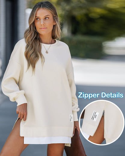 Letter Patch Detail Long Sleeve Drop Shoulder Pullover Sweatshirt Casual Zipper Side Slit Top