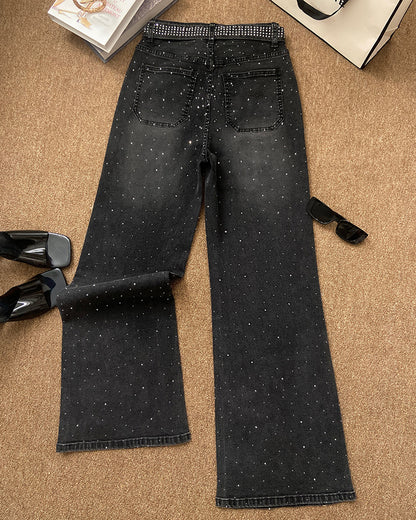 Allover Rhinestone Decor High Waist Zipper Fly Jeans Casual Flared Denim Pants with Rhinestone Decor Belt