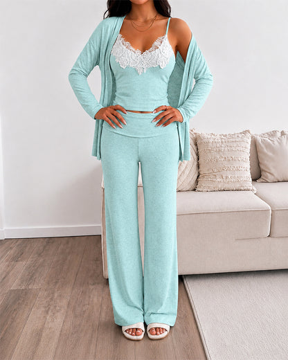 Women's 3 Piece Outfits Lace Cami Top and Long Sleeve Cardigan and Straight Leg Pants Set Casual Lounge Sleepwear Suits