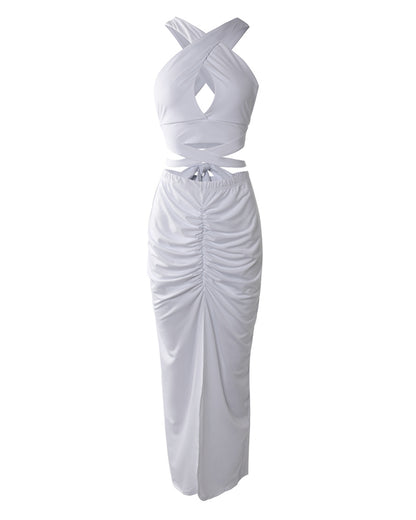 Women's Two Piece Set Criss Cross Halter Backless Crop Top and High Slit Ruched Skirt Sexy Matching Set