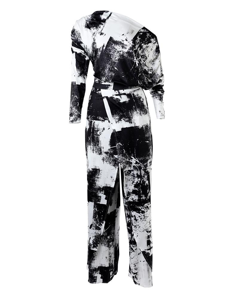 Tie Dye Print Skew Neck Wrapped Slit Wide Leg Jumpsuit