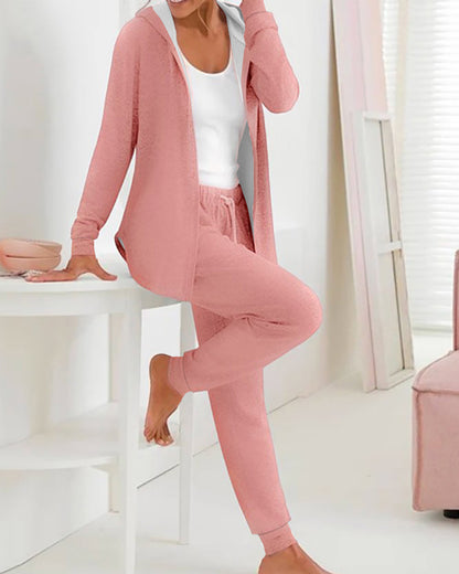 2 Piece Open Front Long Sleeve Hooded Top Drawstring Cuffed Pants Lounge Outfit Tracksuit Set