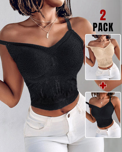 2-Pack Womens Lace V-Neck Adjustable Spaghetti Straps Bralette Camisoles Sexy Soft Crop Cami Top