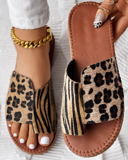 Zebra Stripe Leopard Pattern Toe Post Slippers