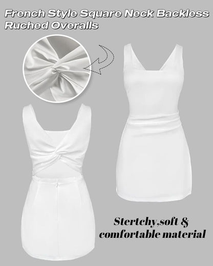 French Style Square Neck Backless Zipper Back Overalls Twist Back Ruched Slim Fit Slit Faux Two-Piece Skort Romper