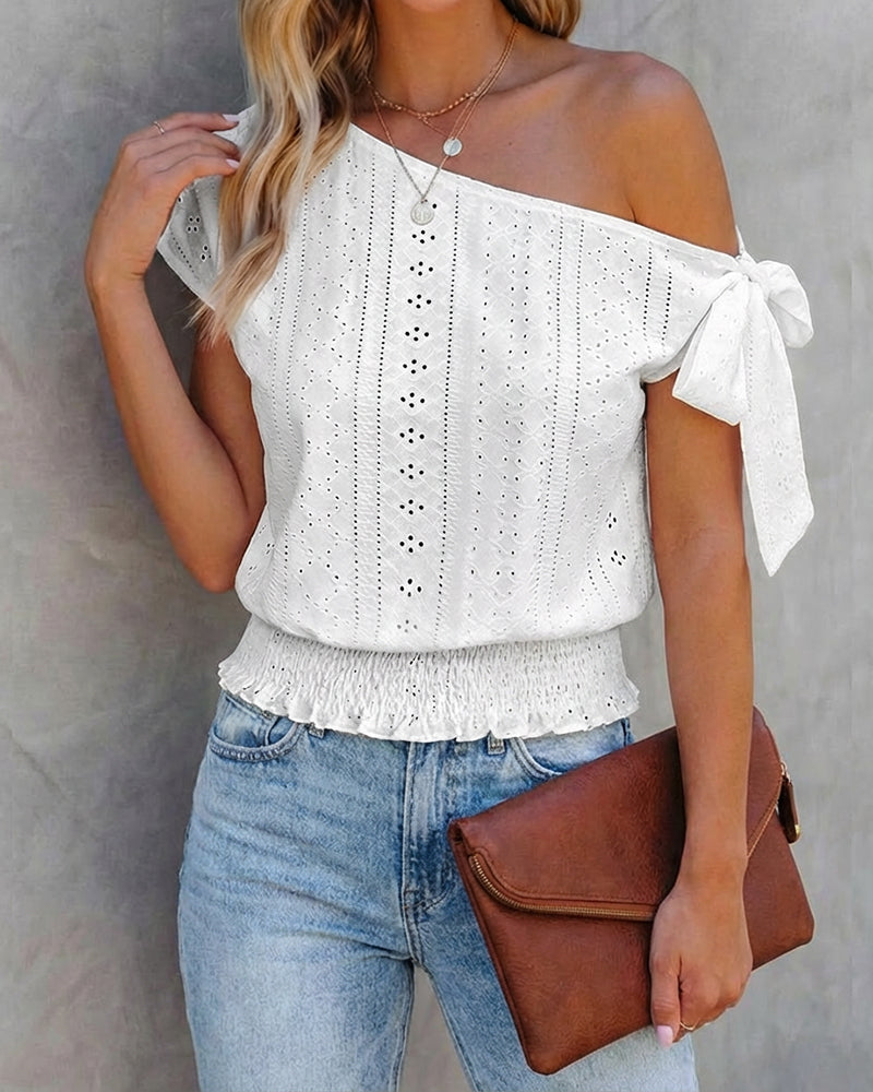 Skew Neck Bow Tie One Side Hollow-out Textured Tee Casual Shirred Hem Top