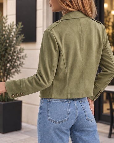 Women's Vintage Suede Stand Collar Button Decor Jacket Zip Up Crop Coat