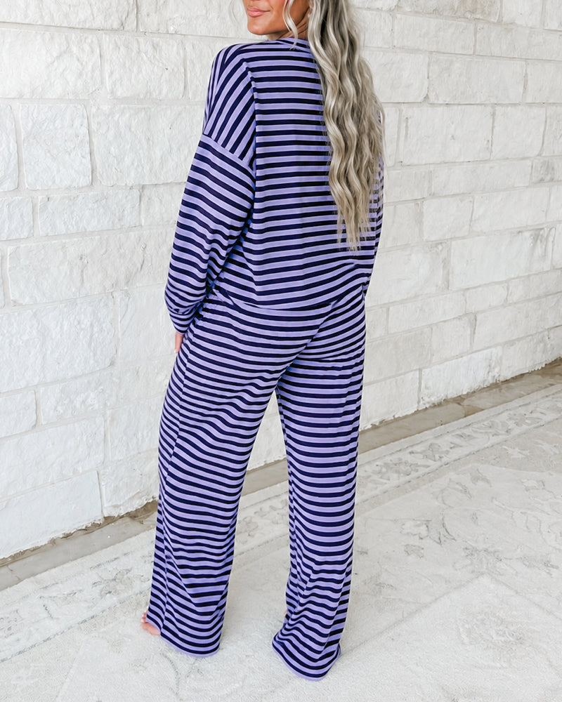 Women's 2 Piece Striped Outfits Long Sleeve Crewneck Top and Wide Leg Pants Set