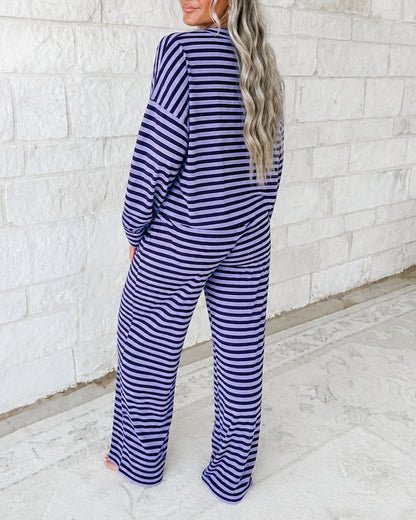 Women's 2 Piece Striped Outfits Long Sleeve Crewneck Top and Wide Leg Pants Set