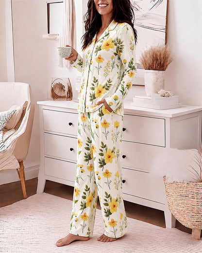 Women's Floral 2 Piece Pajamas Set Long Sleeve Button Down Notched Collar Top and Straight Leg Pants Casual Loungewear