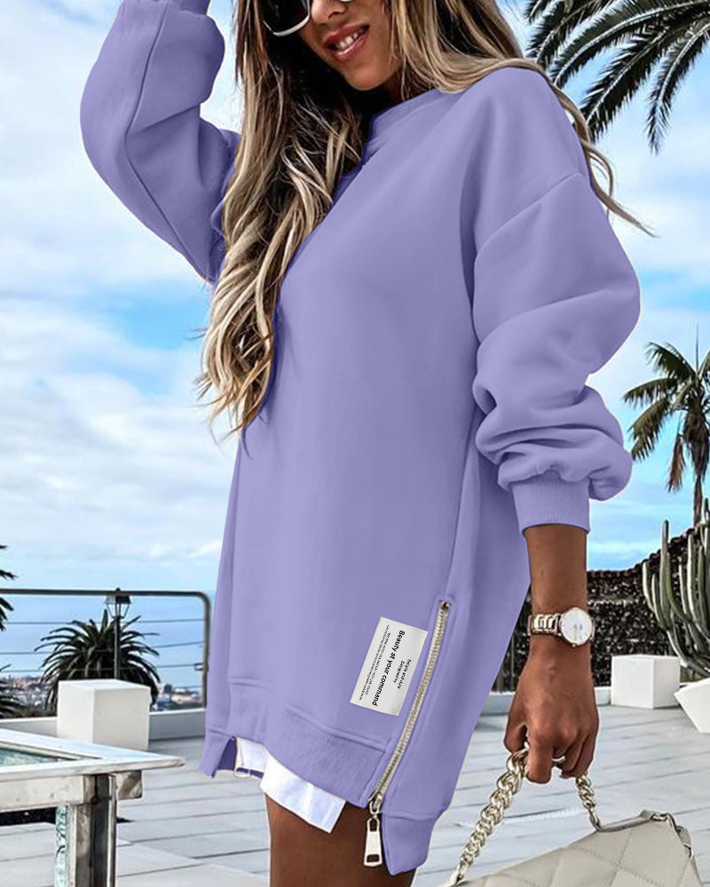 Letter Patch Detail Long Sleeve Drop Shoulder Pullover Sweatshirt Casual Zipper Side Slit Top