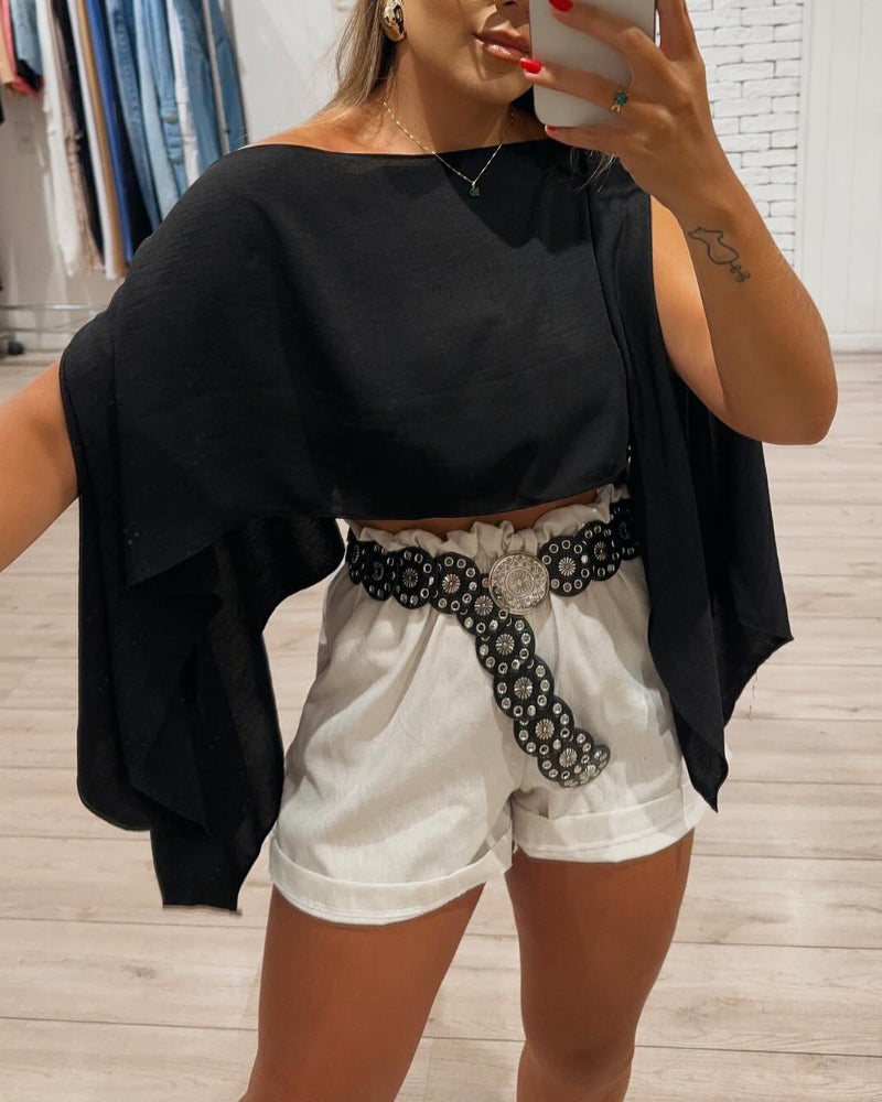 Solid Color Off Shoulder Split Sleeve Versatile Crop Blouse with Elastic Hem Bandeau Top