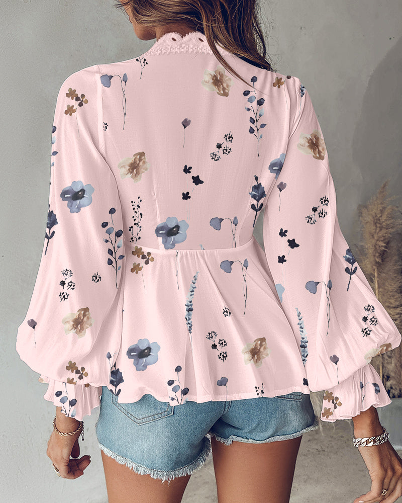 Floral Print Deep V-Neck Lantern Sleeve Casual Contrast Lace Tied Detail Blouse