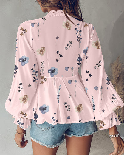 Floral Print Deep V-Neck Lantern Sleeve Casual Contrast Lace Tied Detail Blouse