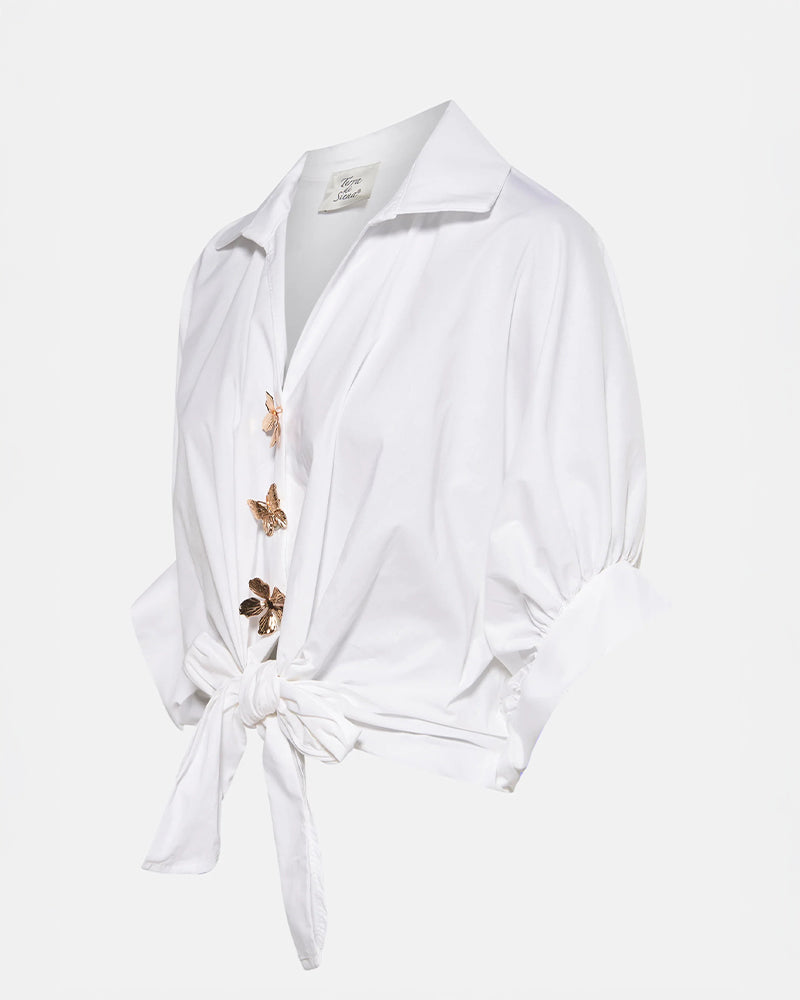 Vintage Palace Style Turn-down Collar Batwing Sleeve Golden Floral Button Front Blouse Casual Knot Front Loose Fit Top