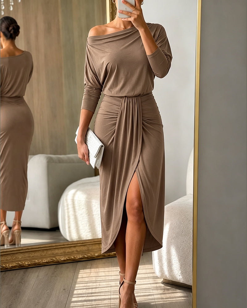 Women's Boat Neck Ruched Wrap Midi Dress Long Sleeve Slit Cocktail Dress