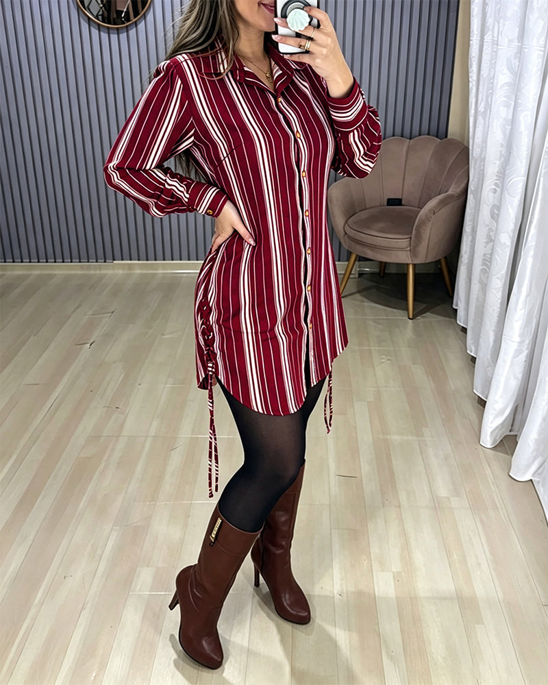 Women's Striped Shirt Dress Button Down Long Sleeve Shirred Waist Casual Dress