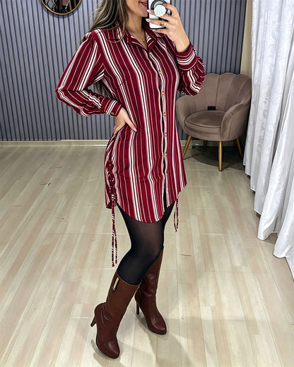 Women's Striped Shirt Dress Button Down Long Sleeve Shirred Waist Casual Dress