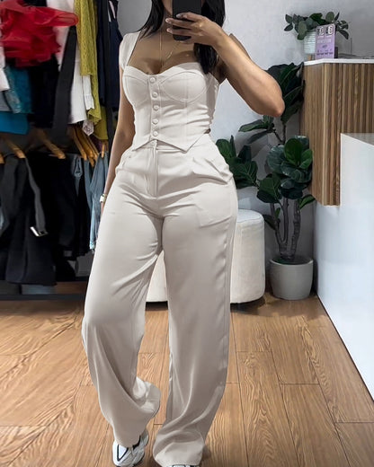 2 Pieces Outfit Thick Strap Button Front Shirred Back Slim Fit Crop Top and Casual High Waist Zipper Fly Elastic Back Waist Wide Leg Pants Set