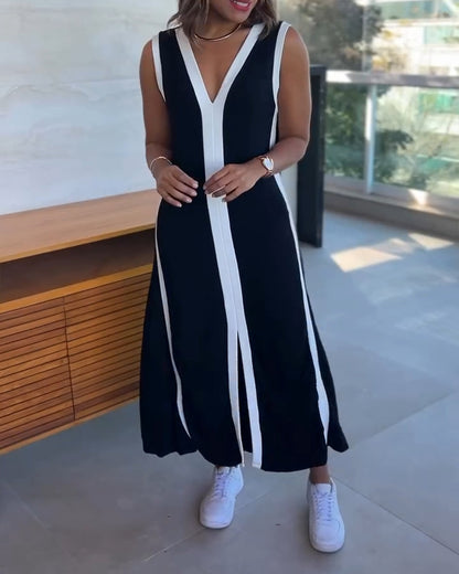Striped Sleeveless Plunge Neckline Midi Dress with Slit Detail Casual Loose Fit A Line Dress