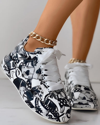 Lace-up Front Painting Print Platform Sneakers