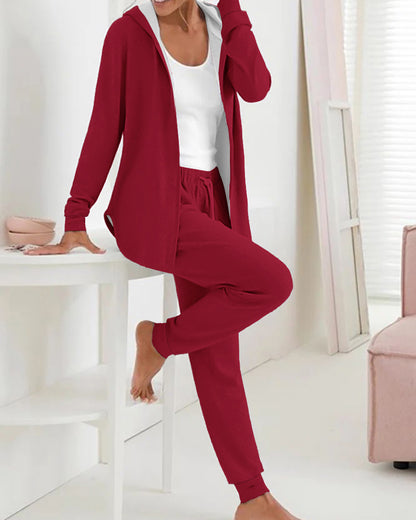 2 Piece Open Front Long Sleeve Hooded Top Drawstring Cuffed Pants Lounge Outfit Tracksuit Set