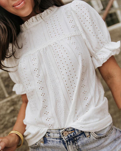Elegant Frill Hem Stand Collar Puff Sleeve Blouse Casual Hollow Out Embroidery Pullover Top