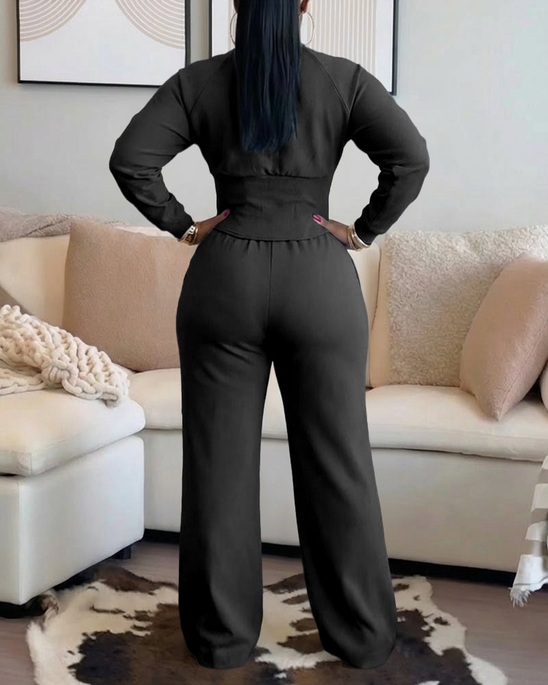 2 Pieces Outfit O-neck Long Sleeve Cinched Waist Sweatshirt and Elastic Waist Wide Leg Pants Set Casual Seam Design Sweatpants Set