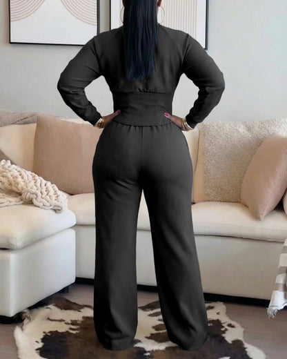 2 Pieces Outfit O-neck Long Sleeve Cinched Waist Sweatshirt and Elastic Waist Wide Leg Pants Set Casual Seam Design Sweatpants Set