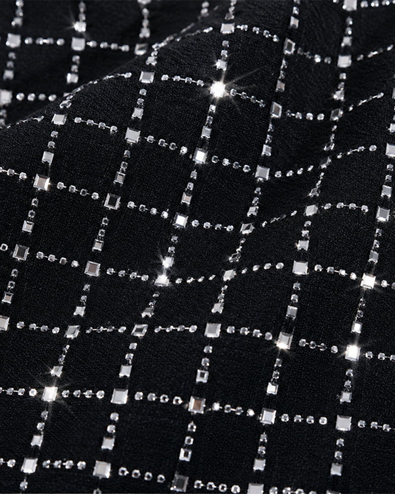 Women's Rhinestone Plaid Pattern Halter Neck Sleeveless Bodycon Mini Dress Hollow-out Sparkle Party Dress
