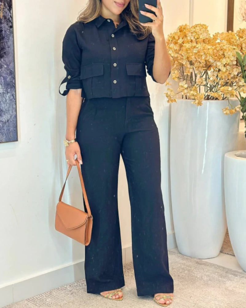 2 Pieces Outfit Turn-down Collar Turn-Up Sleeves Button Front Flap Pockets Design Top and Causal Zipper Fly Elastic Back Waist Wide Leg Pants Set