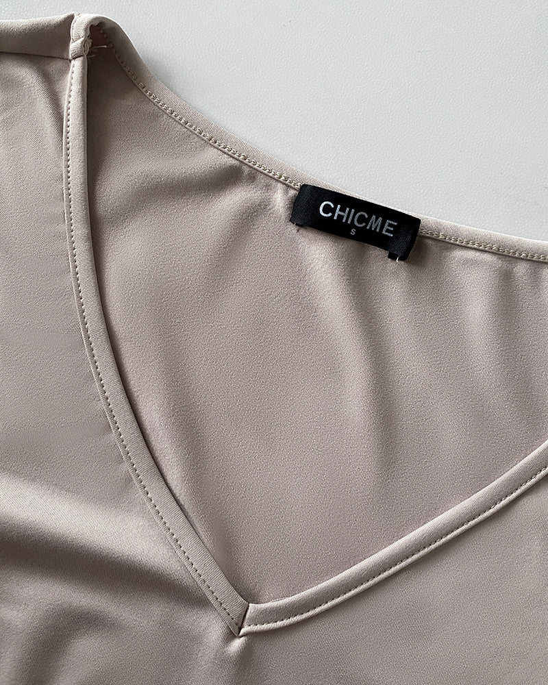 V-Neck High Stretch Tapered Drop-Crotch Casual Jumpsuit With Pockets