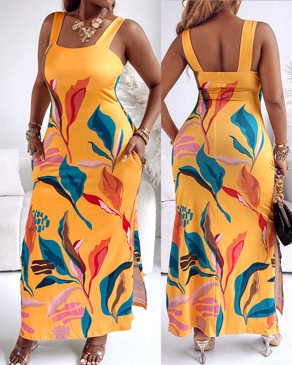 Tropical Print Thick Strap U-neckline Slim Fit Slit Maxi Dress Vocation Dress with Pockets