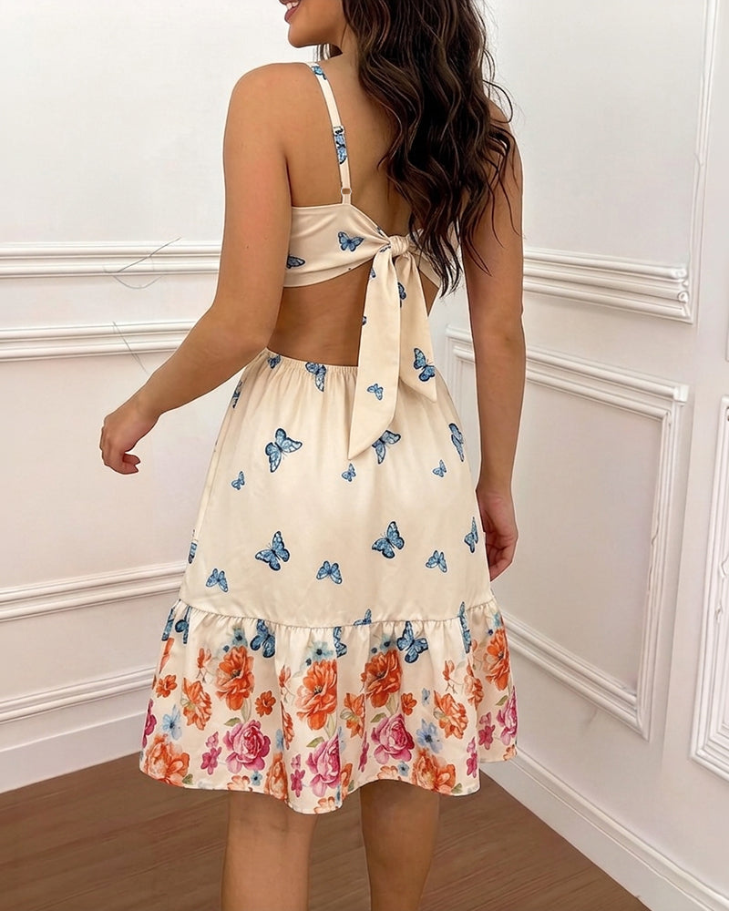 Women's Butterfly Floral Print Mini Dress Sexy Sweetheart Neck Cut Out Sundress Backless Ruched A-Line Vacation Dress