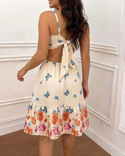 Women's Butterfly Floral Print Mini Dress Sexy Sweetheart Neck Cut Out Sundress Backless Ruched A-Line Vacation Dress