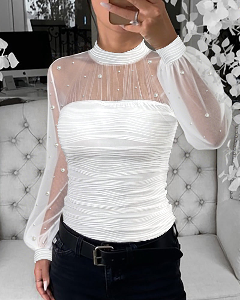 Pearls Decor High Neck Sheer Mesh Spliced Ruched Tee Hollow-out Back Slim Fit Textured Top