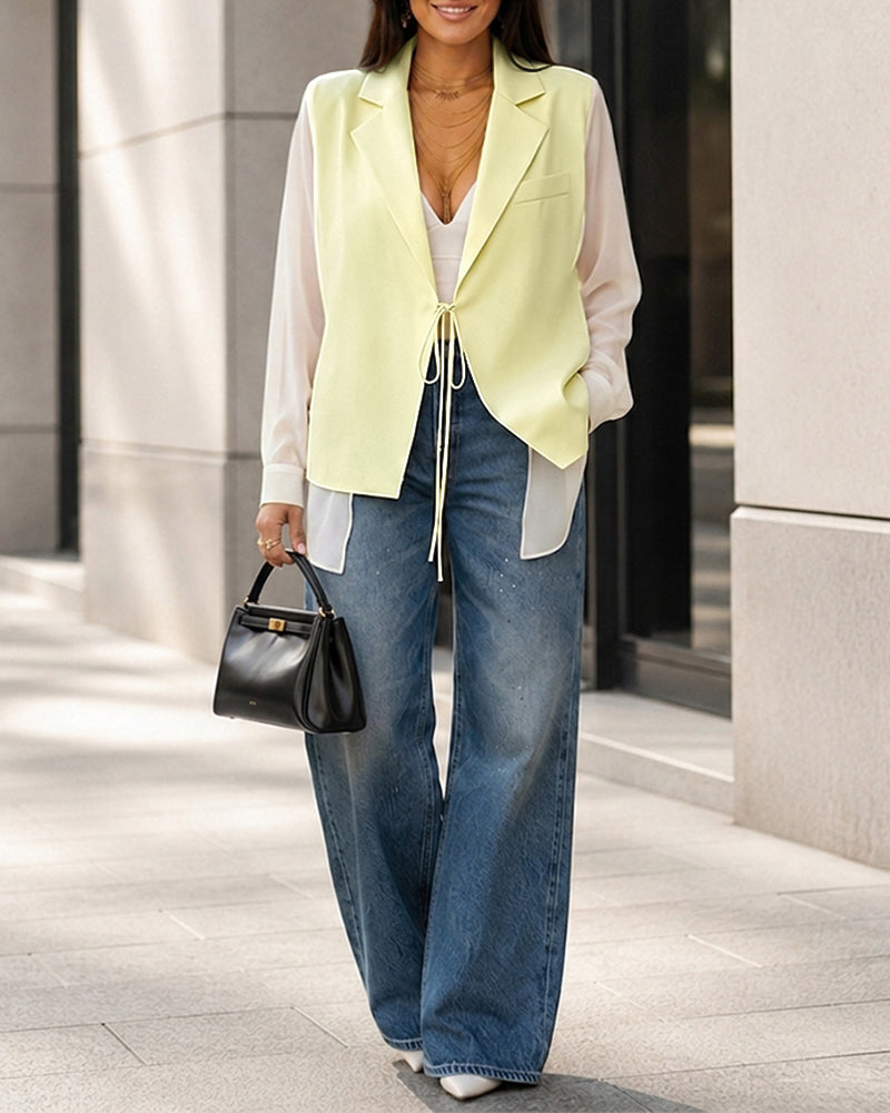 Women's Faux Two Piece Blazer Chiffon Patchwork Side Slit Tie Front Coat Asymmetric Hem Commute Outerwear