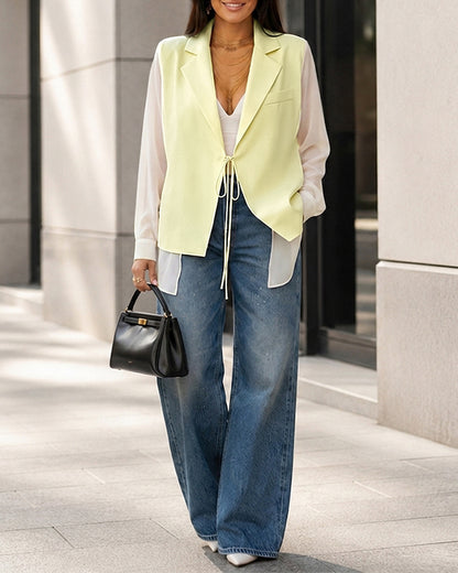 Women's Faux Two Piece Blazer Chiffon Patchwork Side Slit Tie Front Coat Asymmetric Hem Commute Outerwear