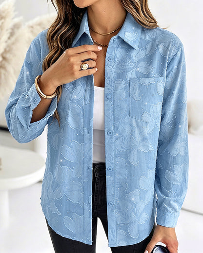 Women's Rhinestone Floral Jacquard Lapel Loose Casual Shirt Button Front Denim Look Top