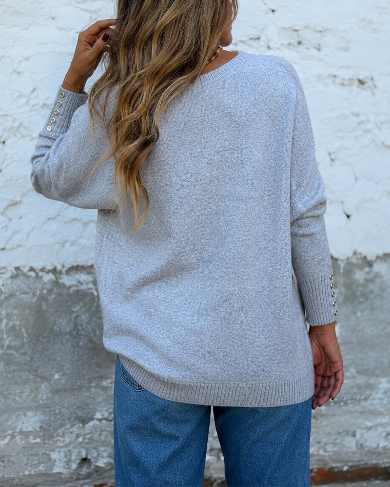 Women's Oversized Sweater Button Decor Crewneck Curved Hem Dropped Shoulder Loose Soft Pullover