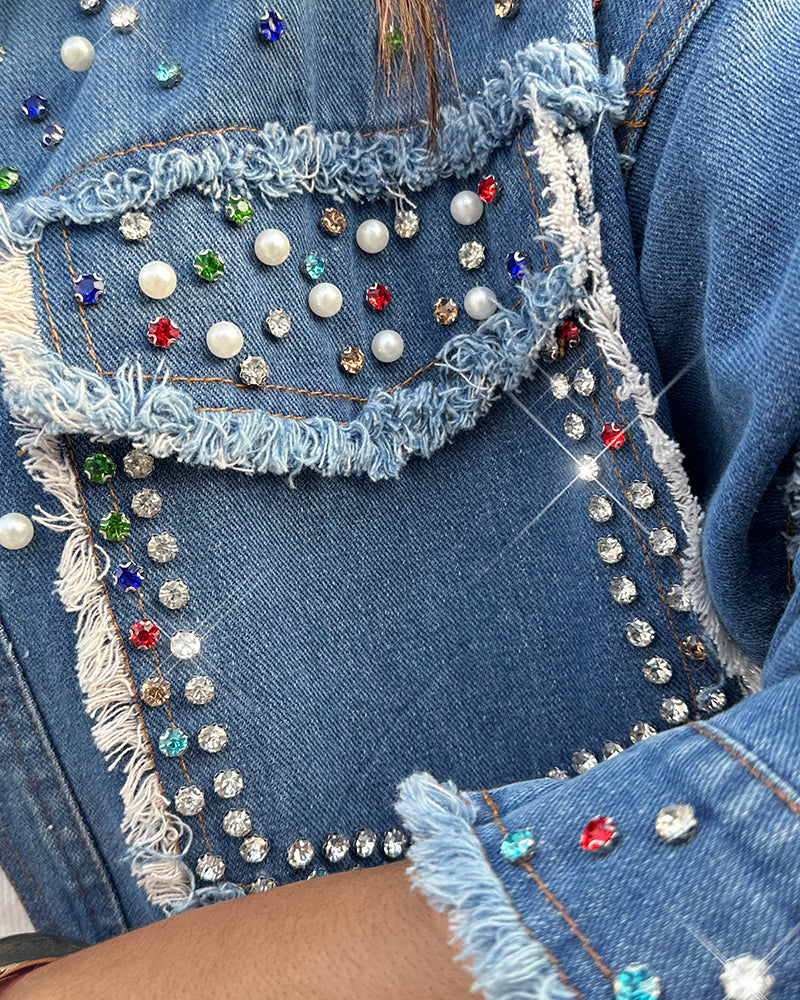 Colorful Rhinestone &  Pearls Decor Turn-down Collar Long Sleeve Jacket Casual Front Button Raw Hem Denim Coat with Pockets