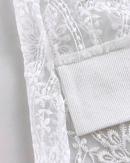 Floral Lace Embroidered Mesh Patchwork High-Low Hem Baseball Coat Casual Side Slit Zip Up Bomber Jacket