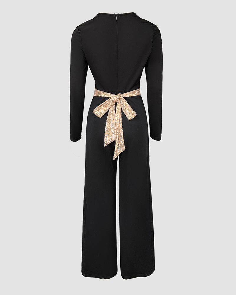 Sequin Bowknot Decor Contrast Sequin Paneled Square Neck Long Sleeve Jumpsuit Casual Cinched Waist Wide Leg Jumpsuit