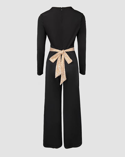 Sequin Bowknot Decor Contrast Sequin Paneled Square Neck Long Sleeve Jumpsuit Casual Cinched Waist Wide Leg Jumpsuit