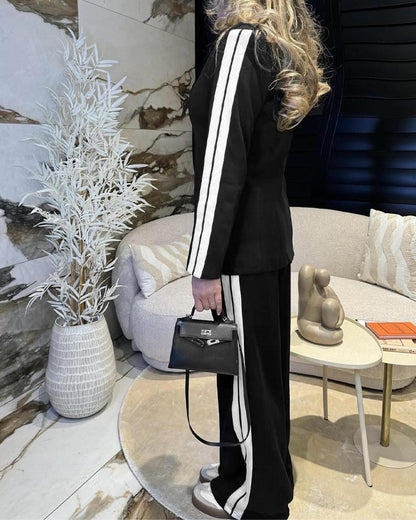 2 Pieces Outfit Notched Collar Single Breasted Pockets Design Coat And Elastic Waist Seam Front Wide Leg Pants Set Casual Contrast Side Striped Blazer Set