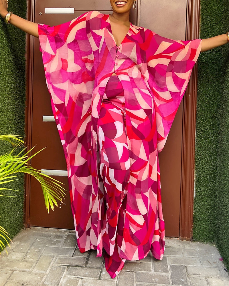 2 Pieces Outfit Colorblock Geometric Print Batwing Sleeve Cover Up and Casual Wide Leg Pants Set